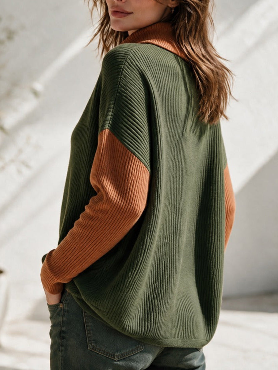 Cozy Color-block Ribbed-knit Turtleneck Sweater