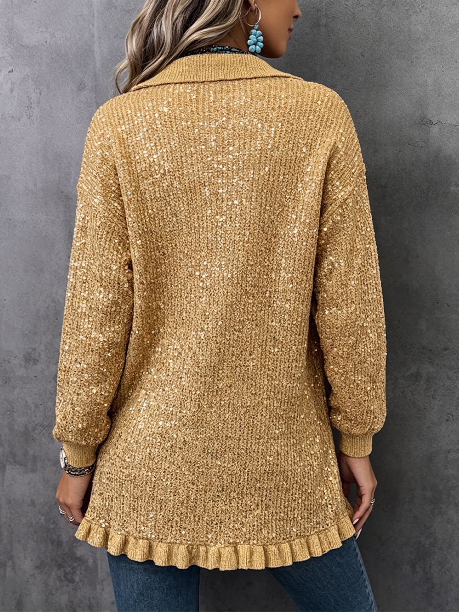 Loose-fit Knitted Cardigan With A Collar, Ruffles, And A Single-breasted Button Closure