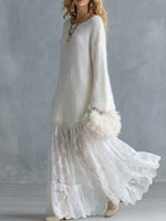 Women's Solid Color Crew Neck Long-sleeve Casual Loose Knit Dress With Lace Paneling