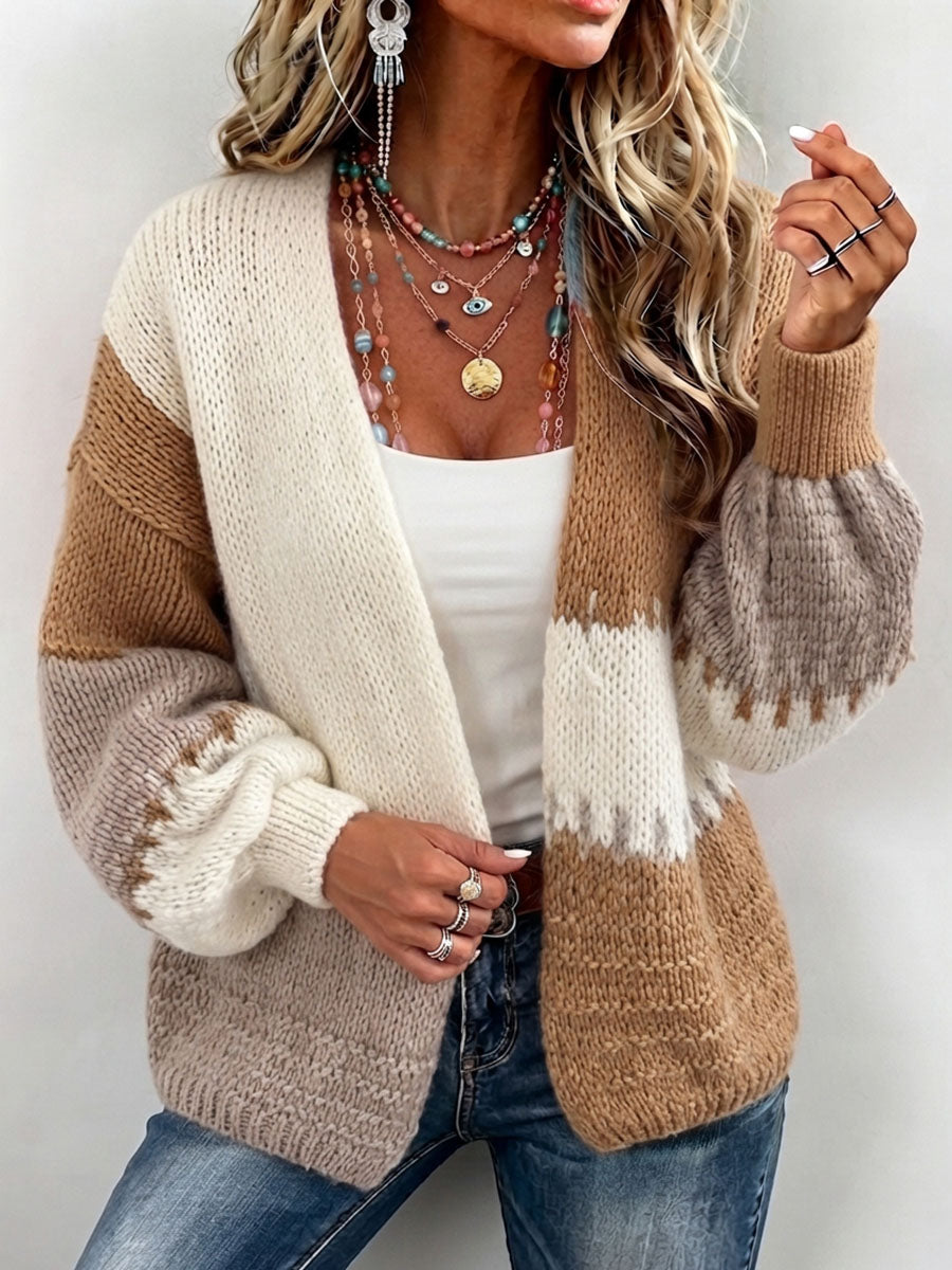 Boho Colorblock Chunky Knit Oversized Cardigan Sweater