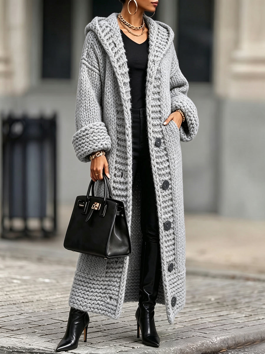 Casual, Relaxed-fit, Long, Chunky-knit Hooded Cardigan