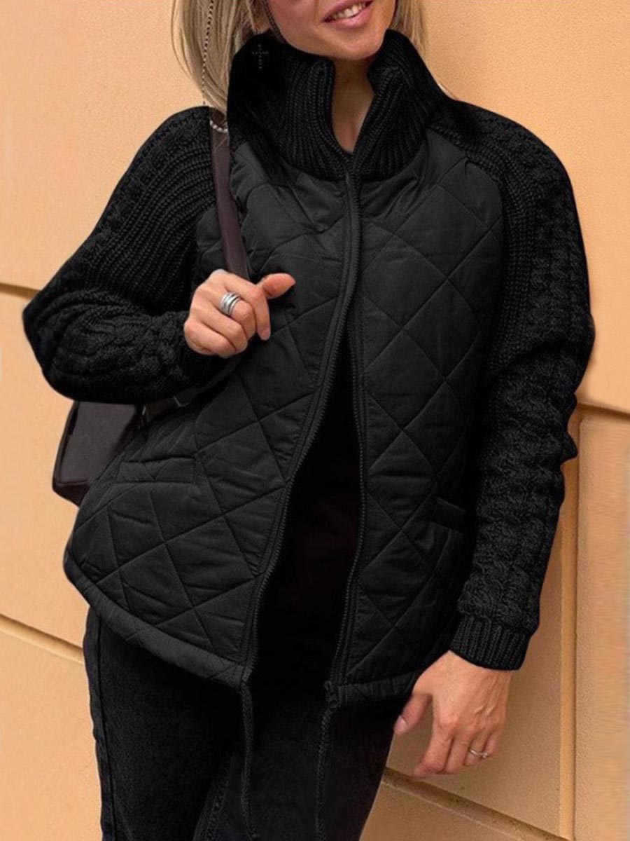 Women's Solid Color Stand Collar Long Sleeve Casual Loose Knitted Patchwork Cotton Jacket