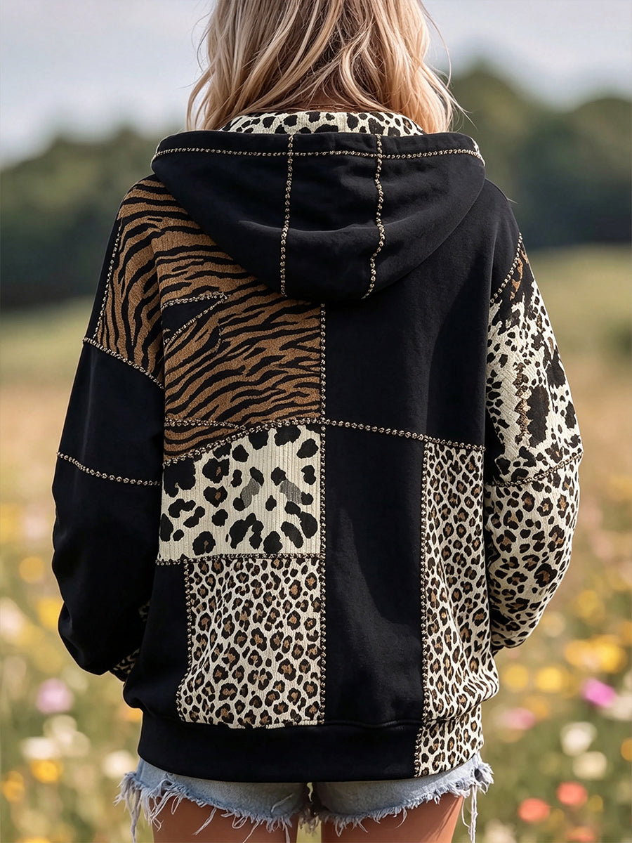 Chic Mixed Animal Print Hooded Sweatshirt