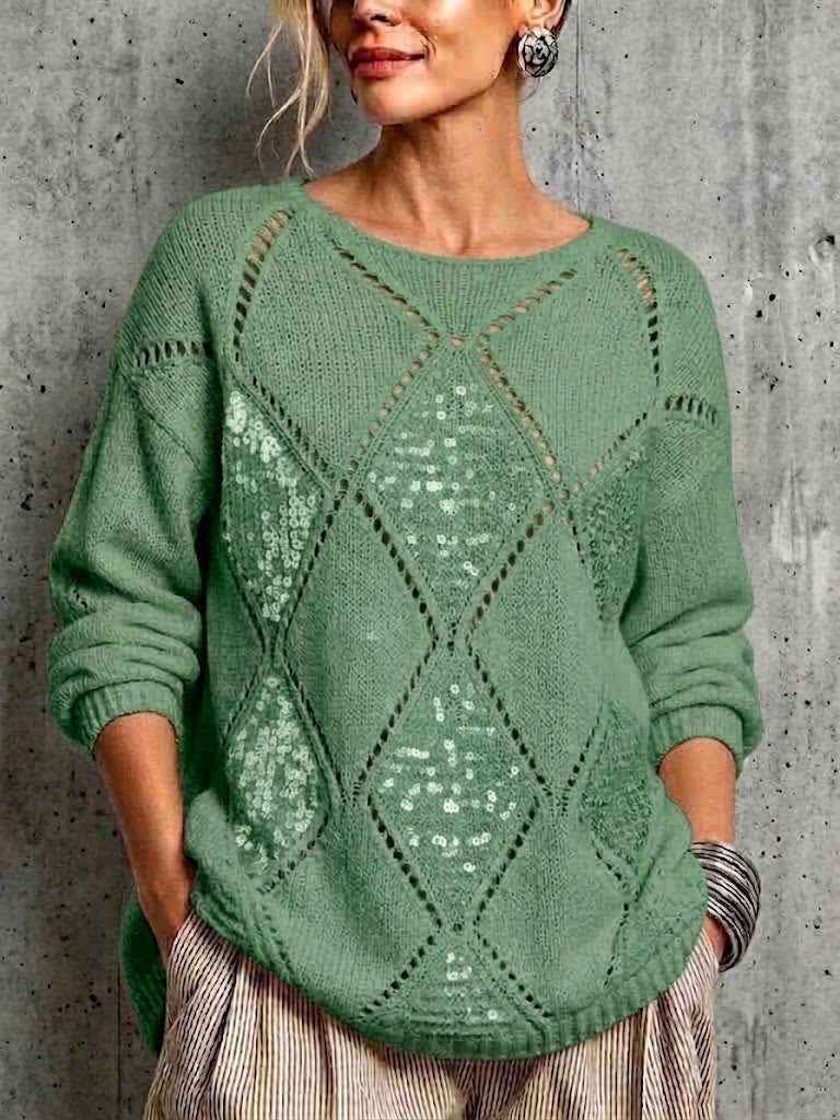 Loose-fit Knit Sweater With Diamond Cutouts And Sequin Embellishments
