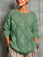 Loose-fit Knit Sweater With Diamond Cutouts And Sequin Embellishments