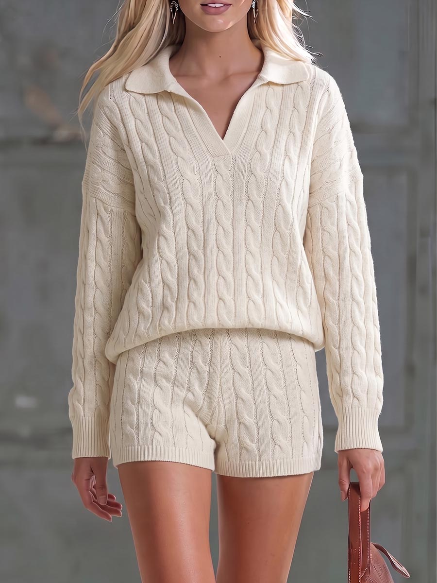 Women's Solid Color Collared Long-sleeved Casual Loose Knit Top And High-waisted Shorts Knit Set