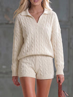 Women's Solid Color Collared Long-sleeved Casual Loose Knit Top And High-waisted Shorts Knit Set