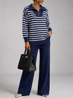 Cozy And Casual Two-piece Set Featuring A Striped Half-zip Knit Pullover And Solid-color Knit Trousers.