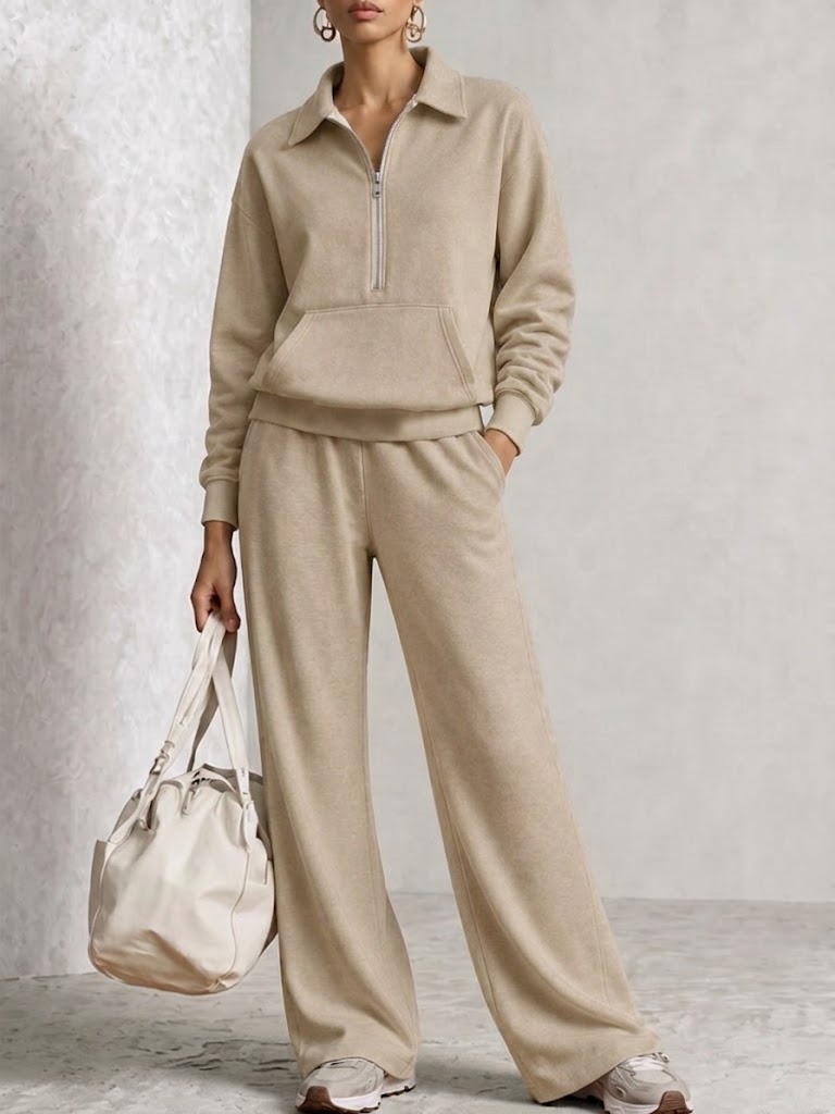 Half‑zip Collared Sweatshirt & Wide‑leg Sweatpants Set