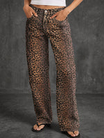 Distressed Washed Denim Leopard Print Straight-Leg Jeans