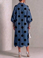 Collared Polka-dot Denim Dress With Gold Buttons, Lantern Sleeves, And Ruffled Hem