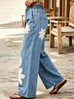 Cozy Bohemian Denim Wide-leg Pants With Crochet Flower