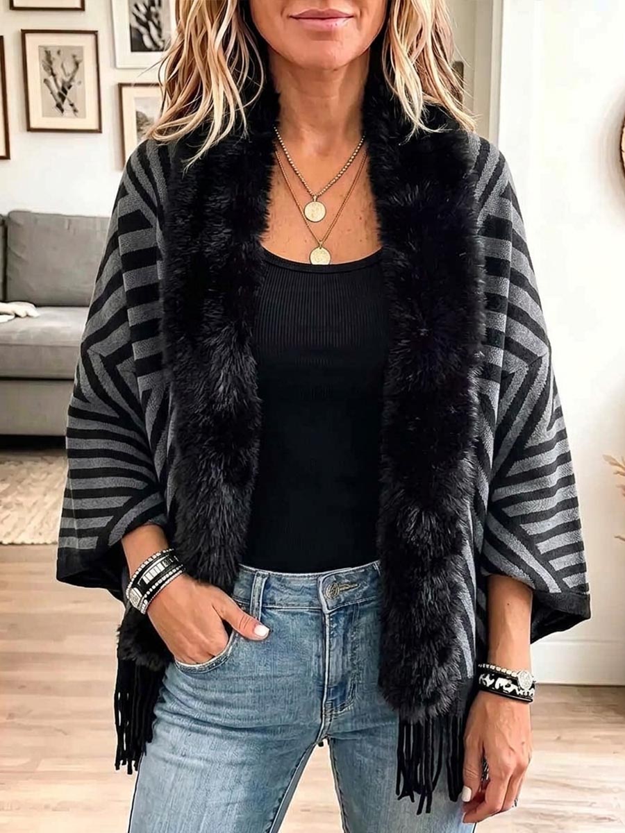 Women's Striped Printed Long-sleeved Casual Loose-fitting Fringed Mink Fur Patchwork Knit Cardigan