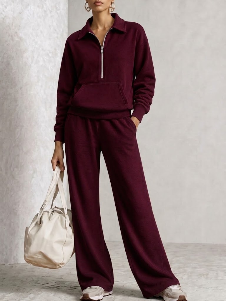 Half‑zip Collared Sweatshirt & Wide‑leg Sweatpants Set