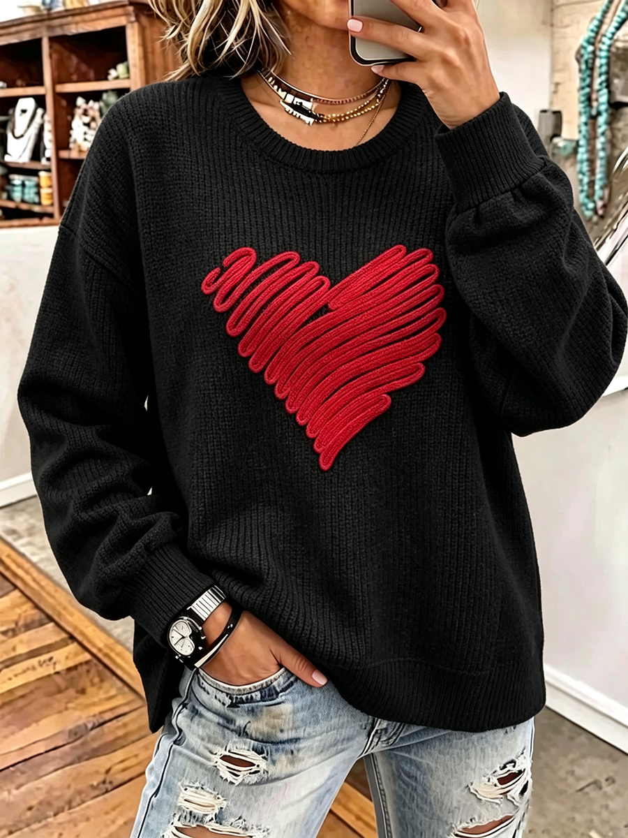 Cozy Chic Heart-stitch Knitted Sweater