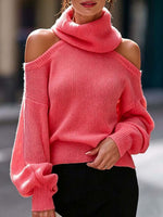 Women's Solid Color Stand Collar Off-shoulder Long Sleeve Casual Loose Knit Sweater