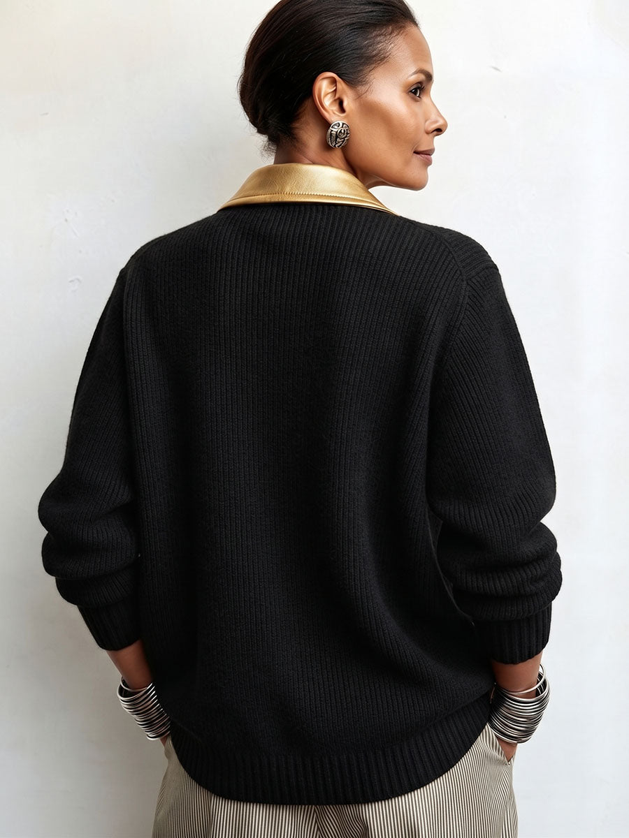 Chic Black Ribbed Knit Cardigan With Metallic Gold Lapels
