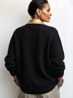 Chic Black Ribbed Knit Cardigan With Metallic Gold Lapels