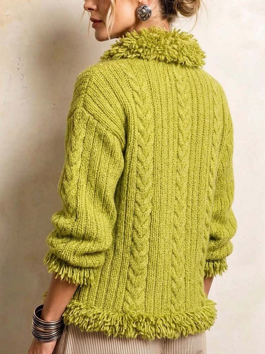 Women's Green Cable Knit Zip-up Cardigan With Fuzzy Trim