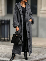 Casual, Relaxed-fit, Long, Chunky-knit Hooded Cardigan
