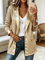 Chic Gold Knit Blazer With Sleek Faux Leather Trim