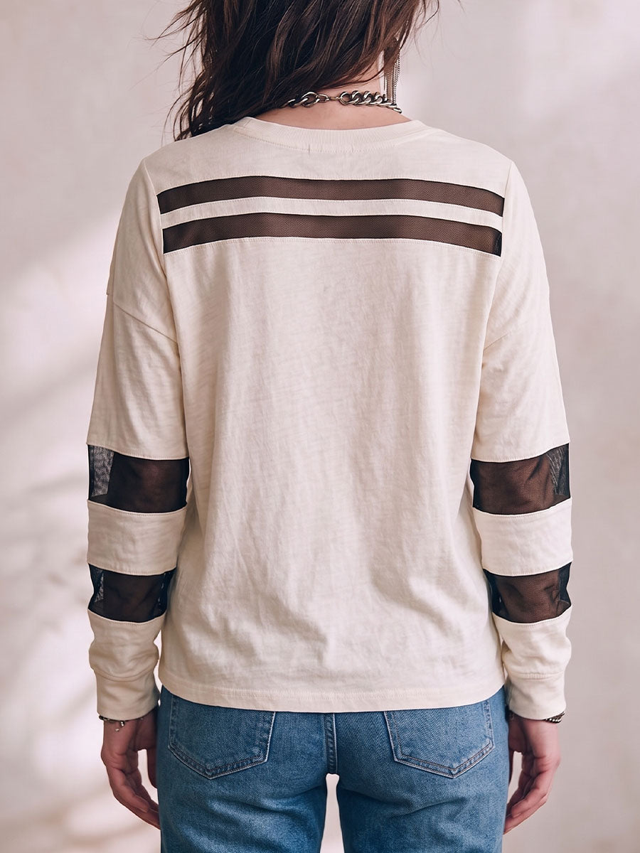 Women's Solid Color Round Neck Long-sleeved Color-blocked Mesh Patchwork Casual Loose Top