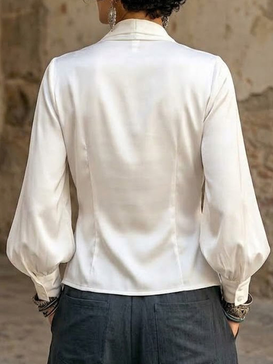 Satin Wrap V-neck Lantern Sleeve Blouse