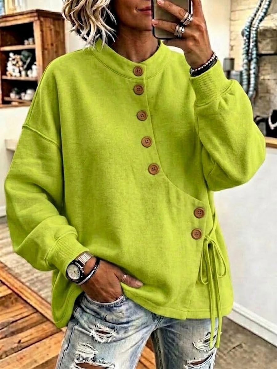 Asymmetric Button-fastening Loose-fit Casual Sweatshirt