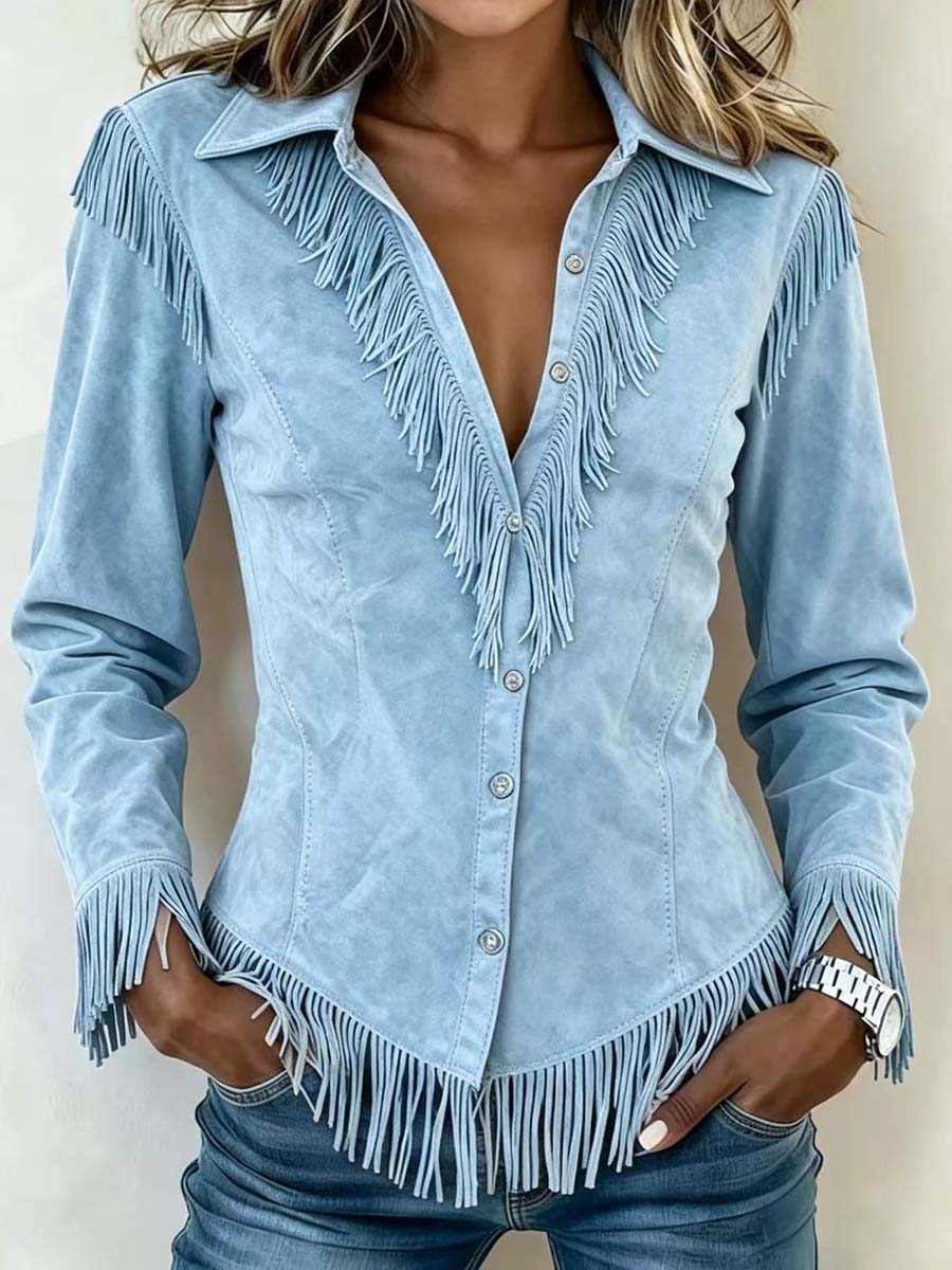 Women's Solid Color Collared Long-sleeved Casual Loose Faux Suede Tassel Shirt