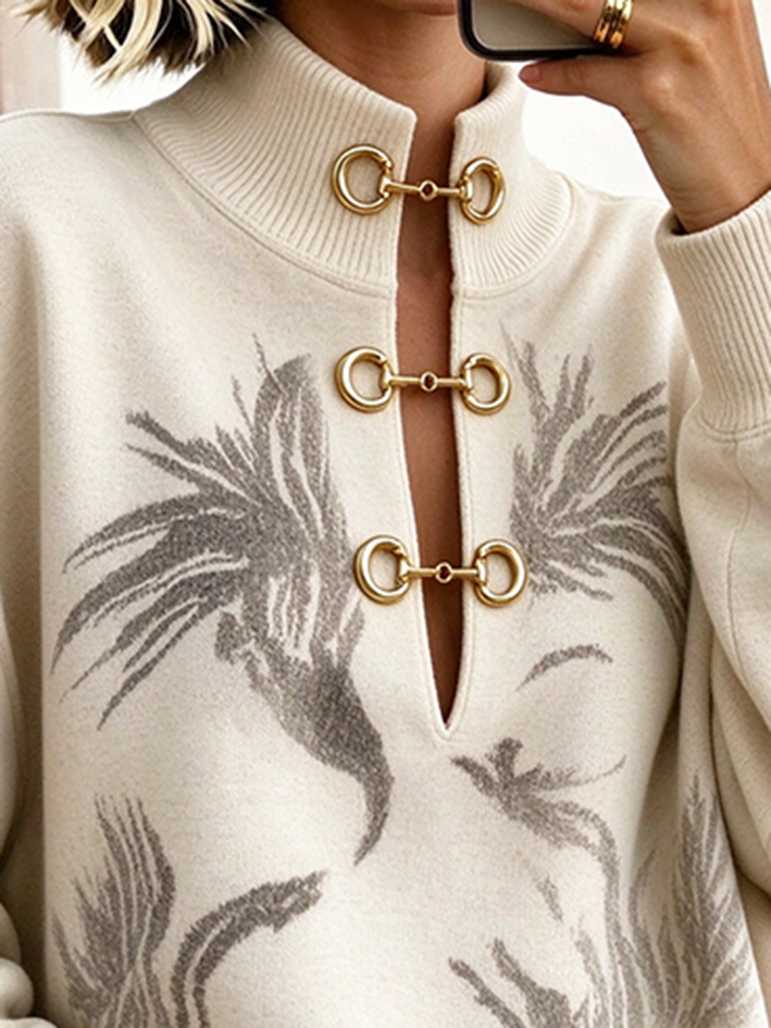 Artistic Printed Oversized Cozy Buckle Pullover Sweatershirt
