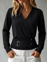 Women's Solid Color V-neck Long Sleeve Casual Loose Knit Top