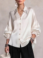 Elegant Satin Shirt With Pointed Collar, Rhinestone Embellishments, And Draped Lantern Sleeves