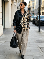 Chic Bold Leopard Satin-blocked Blouse