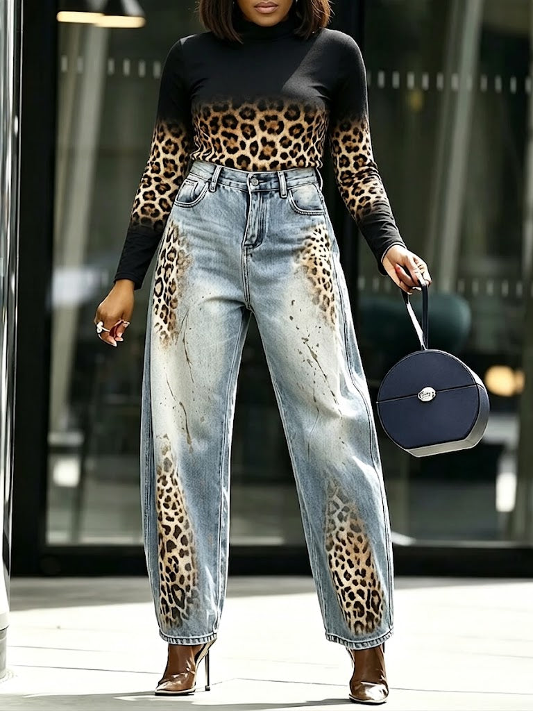 Casual Leopard-print Washed Jeans