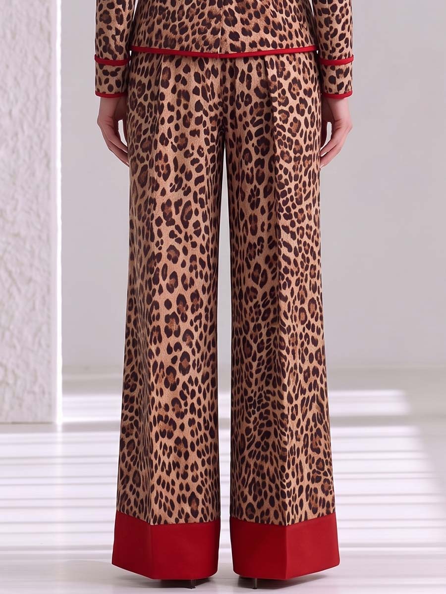 Women's Leopard Print High-waisted Casual Loose Color-blocked Wide-leg Pants