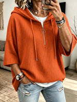 Ribbed Half-zip Hooded 3/4 Sleeve Knit Top
