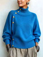 Chic Elegant Asymmetrical Button Turtleneck Sweater