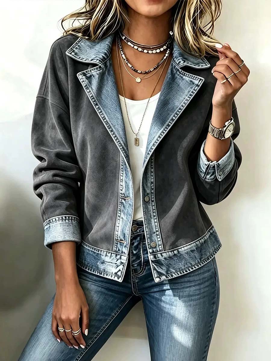 Women's Denim Collared Long-sleeved Casual Loose-fitting Cardigan With Faux Suede Patchwork.