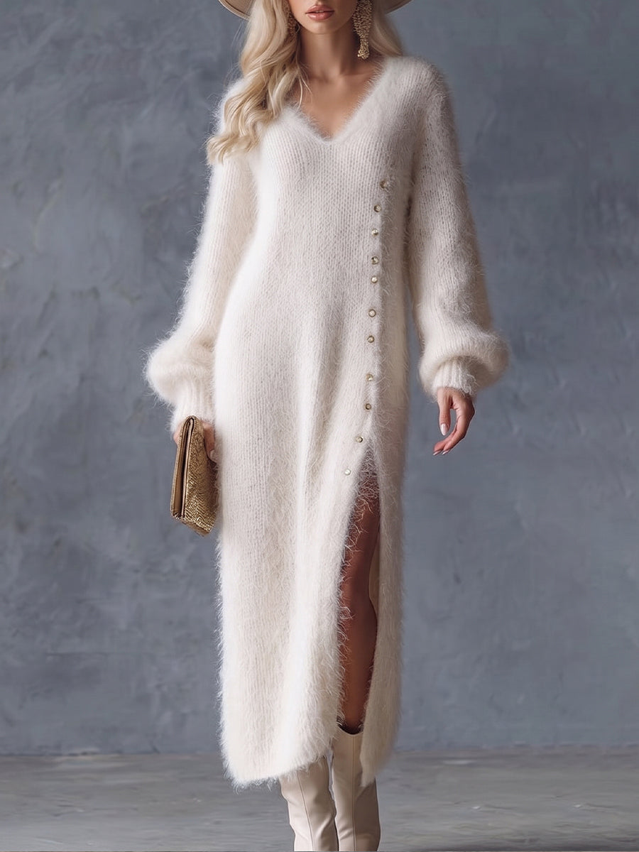 Stylish And Elegant V-neck Knitted Maxi Dress With A Soft, Velvety Feel