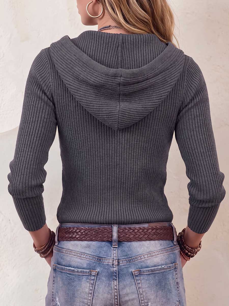 Women's Collared Long-sleeved Casual Loose Knit Patchwork Denim Hooded Cardigan