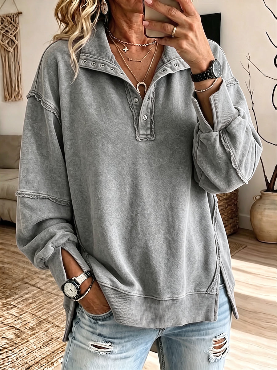 Casual Oversized Raw-edge Cotton Henley Sweatshirt