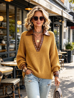 Casual Stylish Contrast Leather-trim Knit Sweater