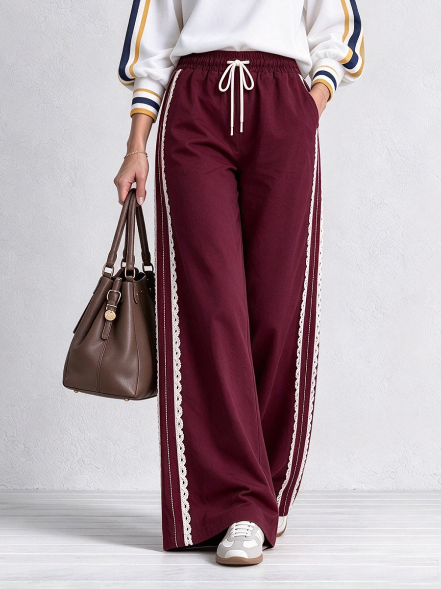 Casual Wide-leg Pants With Lace Trim And An Elastic Waist