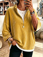 Women's Solid Color Stand Collar 3/4 Sleeve Casual Loose Velvet Pullover Top