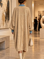 Long Shirt Dress Featuring A Patchwork Of Shimmering Metallic-thread Knit And Denim.
