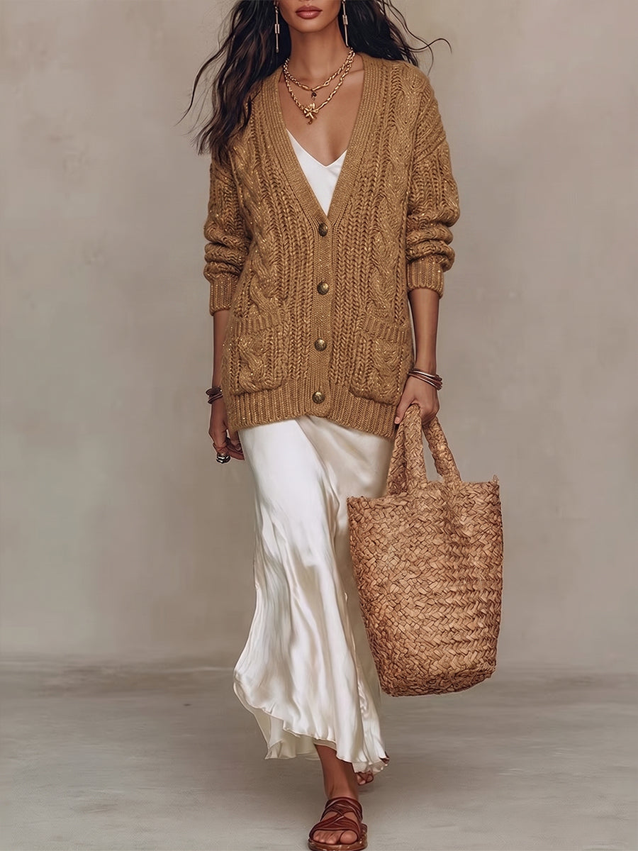 Old Money Cozy Shiny Cable-Knit Cardigan