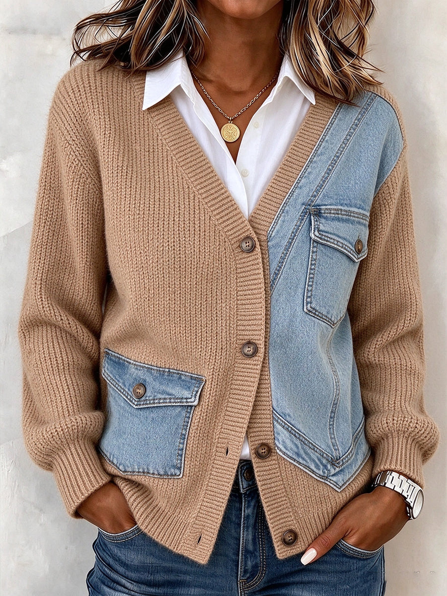Casual Denim-and-knit Paneled Cardigan
