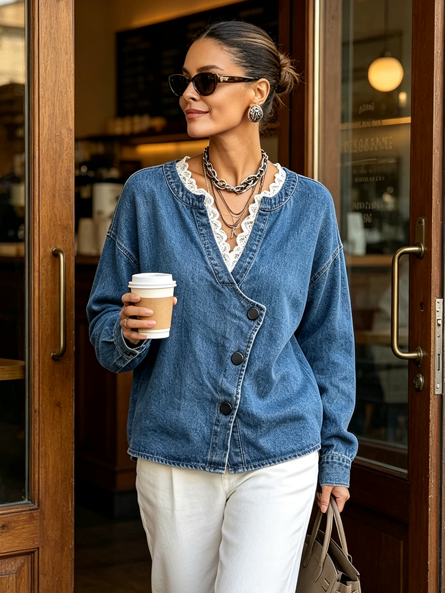 Chic Denim Wrap-front Top With Lace Trim