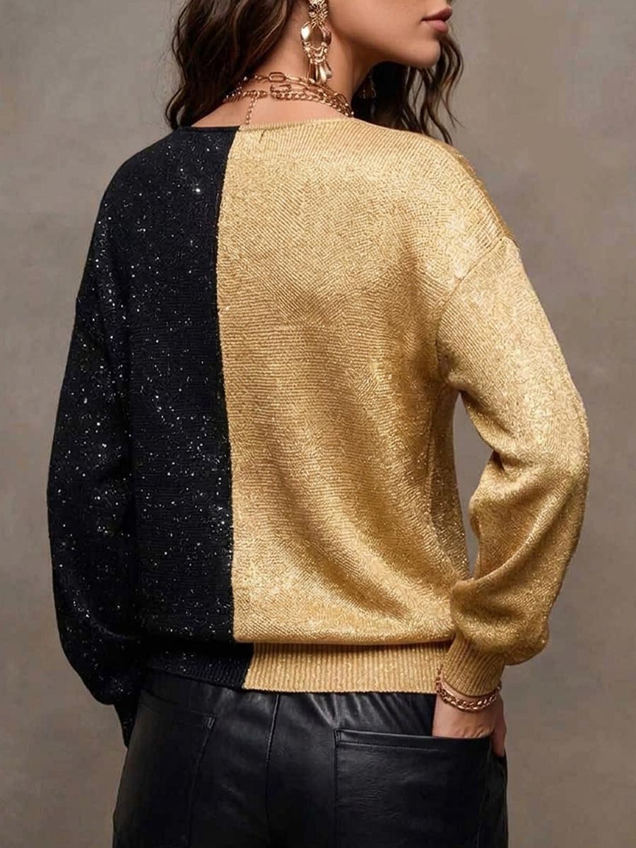 Women's V-neck Long-sleeve Casual Loose Knit Pullover With Metallic Shimmer And Color-block Detail