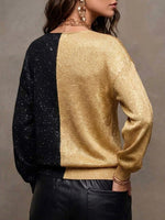 Women's V-neck Long-sleeve Casual Loose Knit Pullover With Metallic Shimmer And Color-block Detail